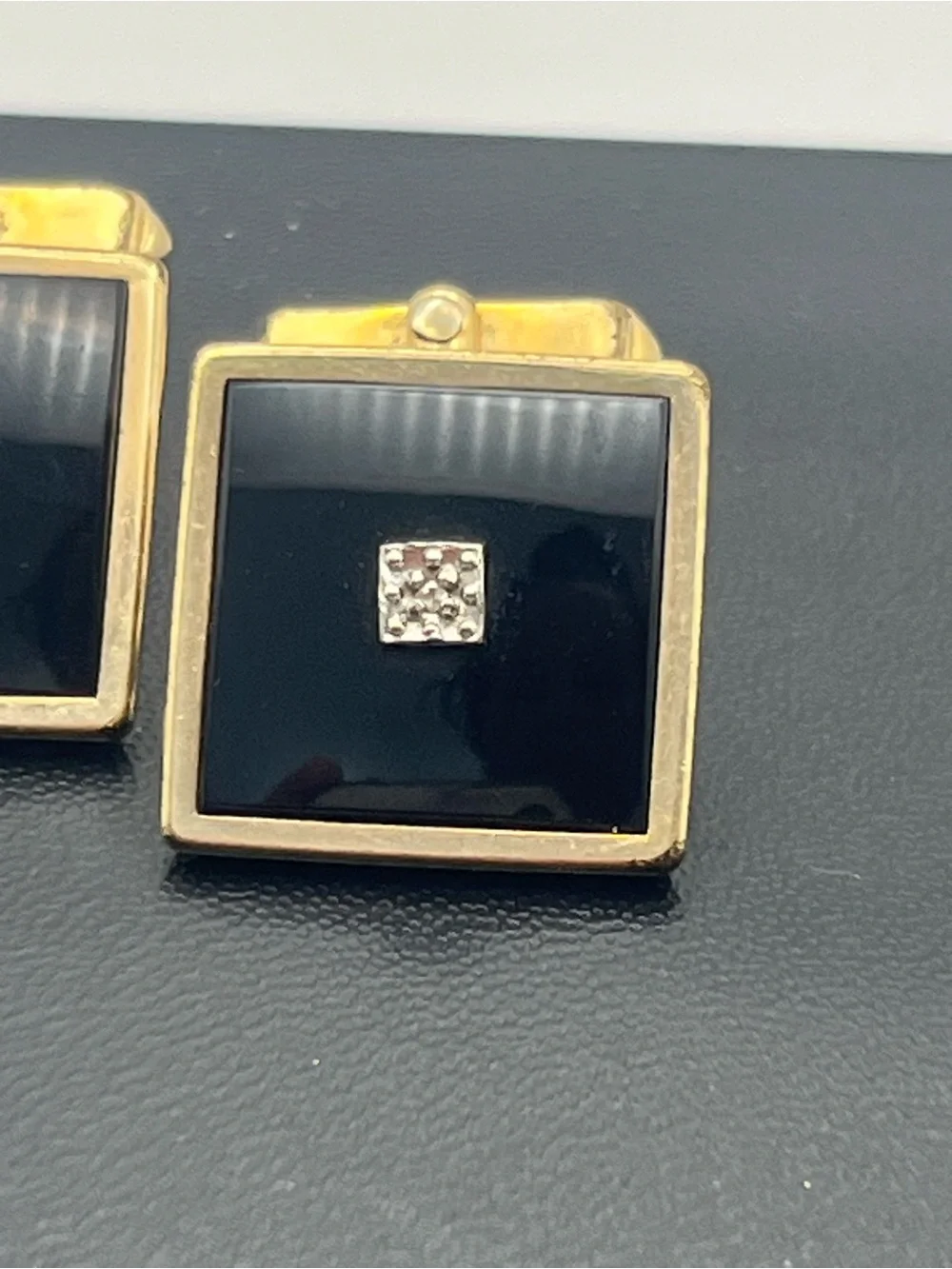 Swank 12k gold filled diamond chip black stone square cufflinks vintage